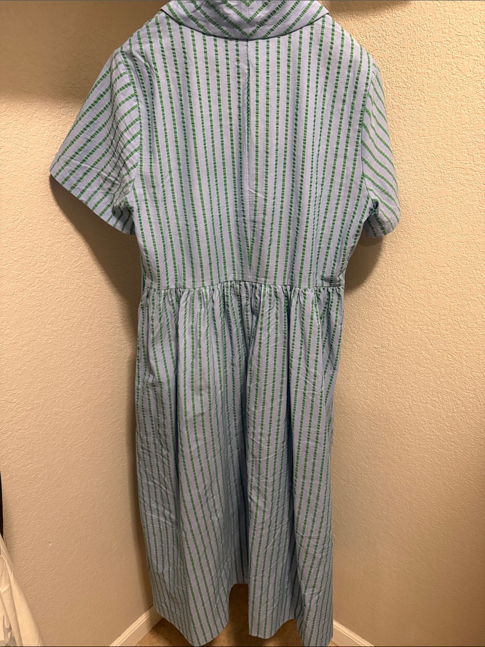 Striped Blue and Green Short-Sleeve Shirt Dress - Picture 4 of 7